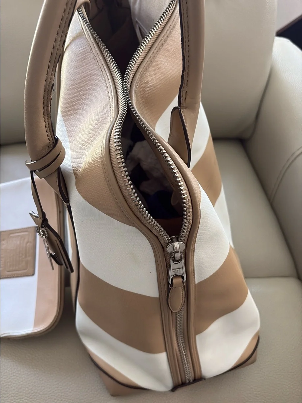 Coach Tan and White Striped bag with Wristlet
